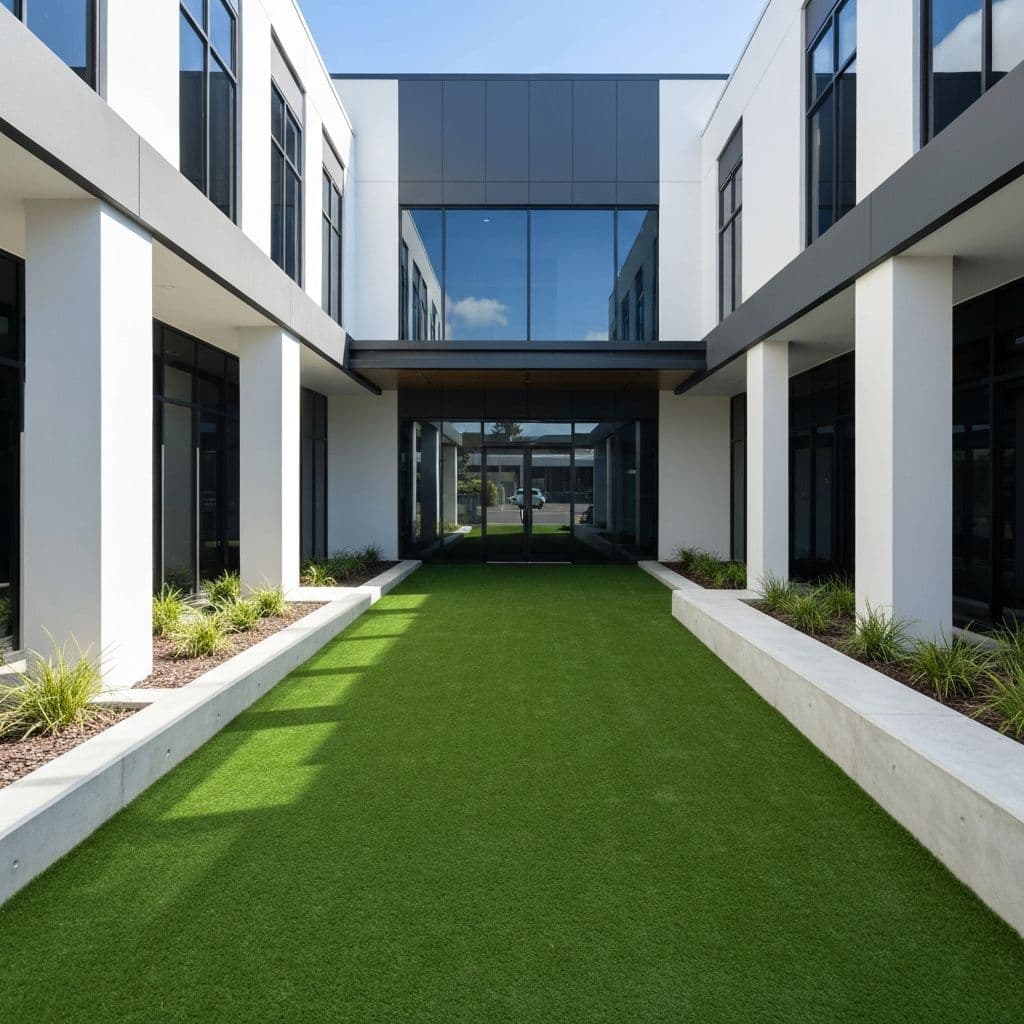 Artificial turf and landscaped commercial outdoor space for a retail property