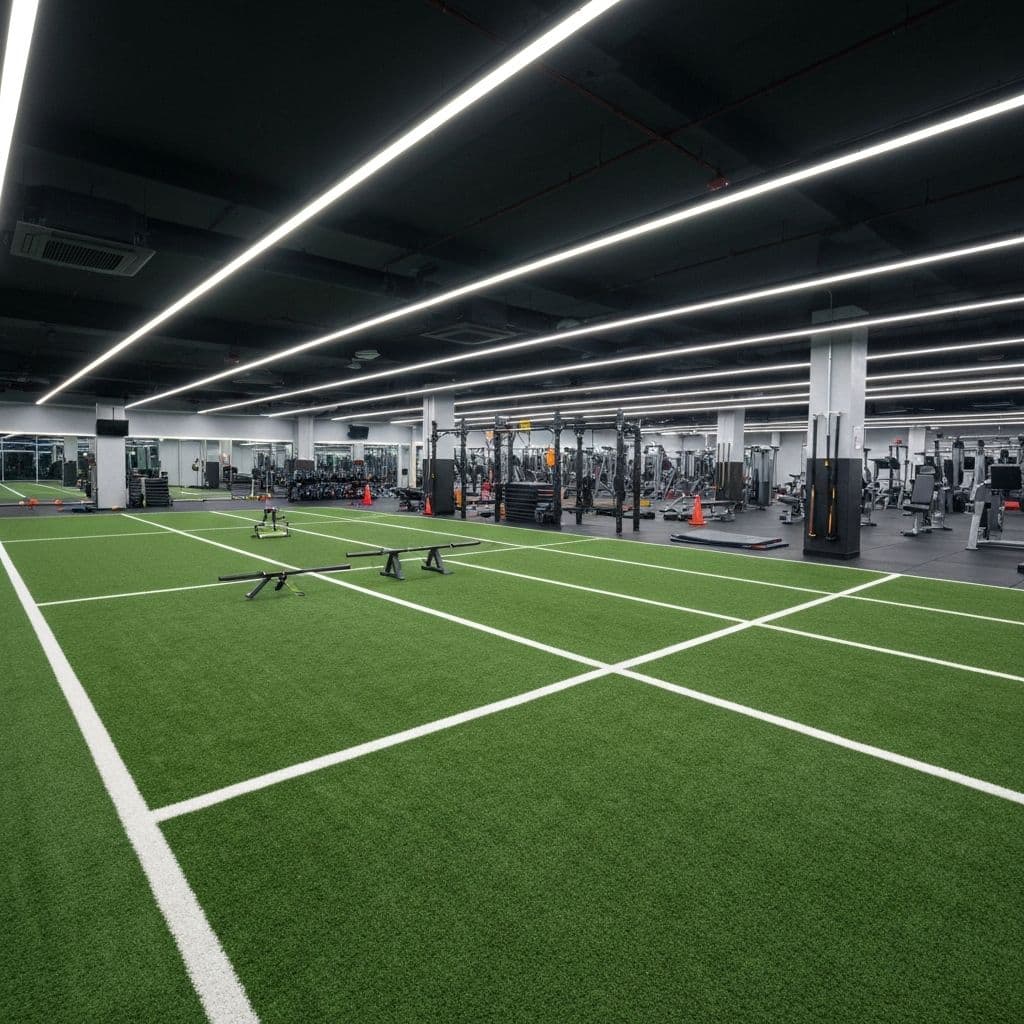 Custom artificial turf with a chess-board pattern and bespoke shapes